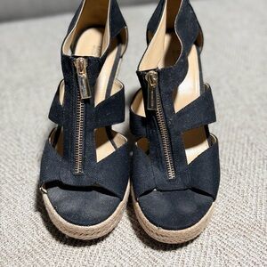 MICHAEL Michael Kors Black Wedge Sandals with Gold Zipper
